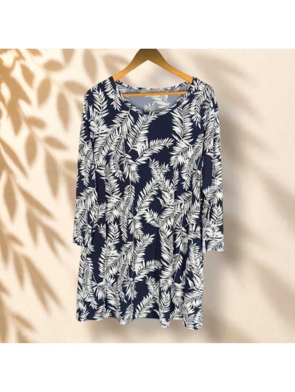 Arianna Dress Women L/XL Blue Floral Shift Short Long Sleeve Casual Stretch
